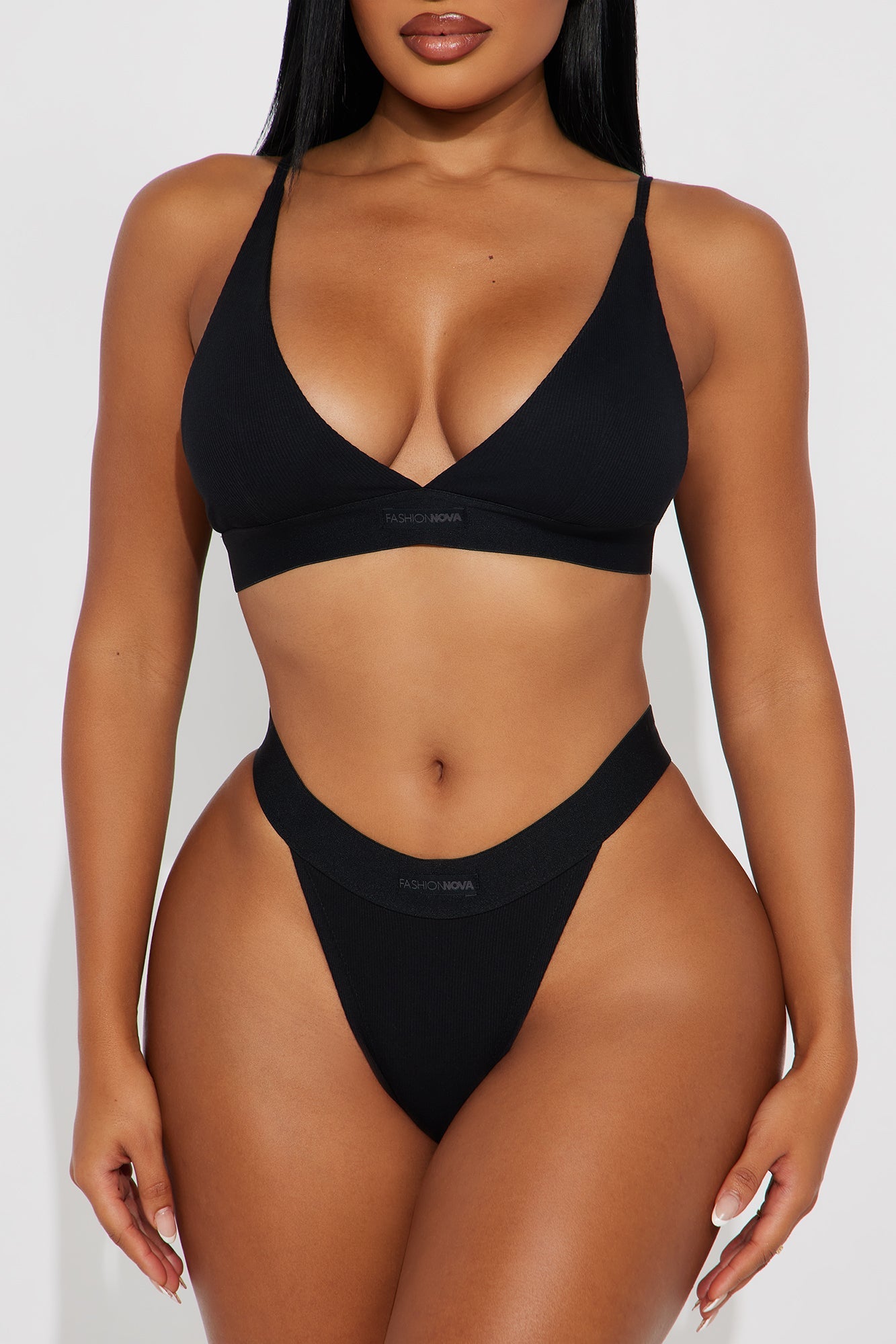 FN Mood Plunge Bra And Thong 2 Piece Cotton Ribbed Set - Black