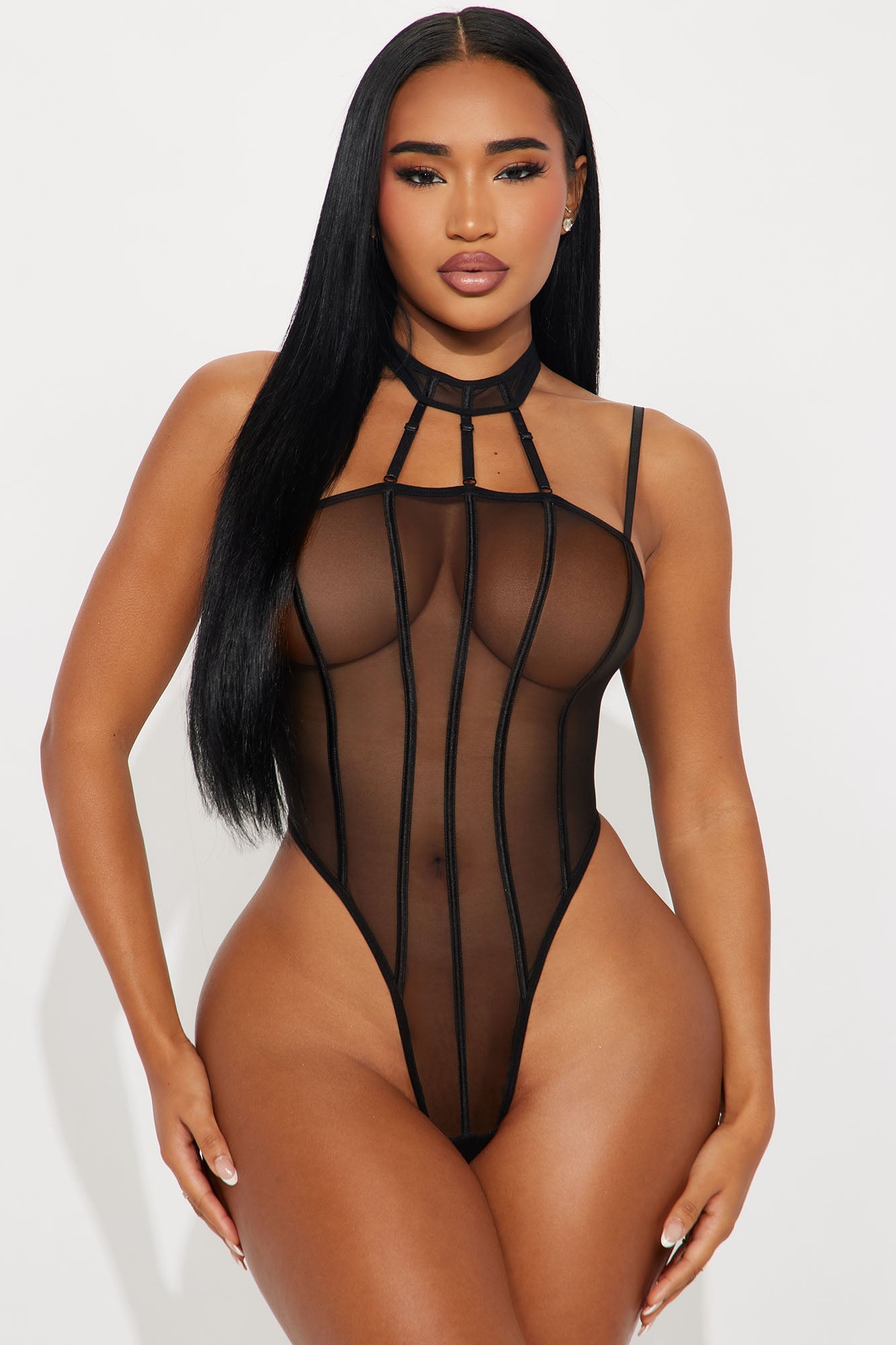 Wicked Games Mesh Choker Thong Teddy - Black