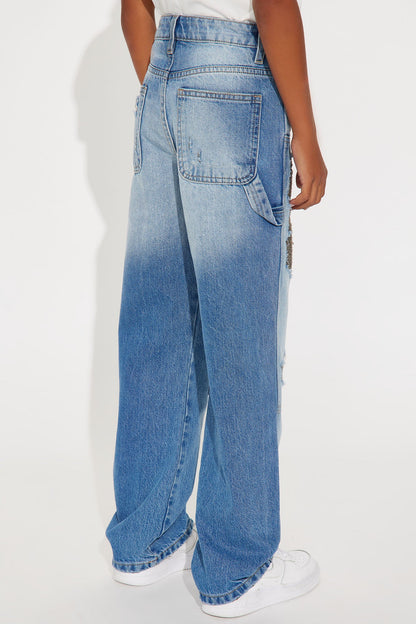 Mini Baggy Contrast Distressed Carpenter Jeans - Medium Blue Wash
