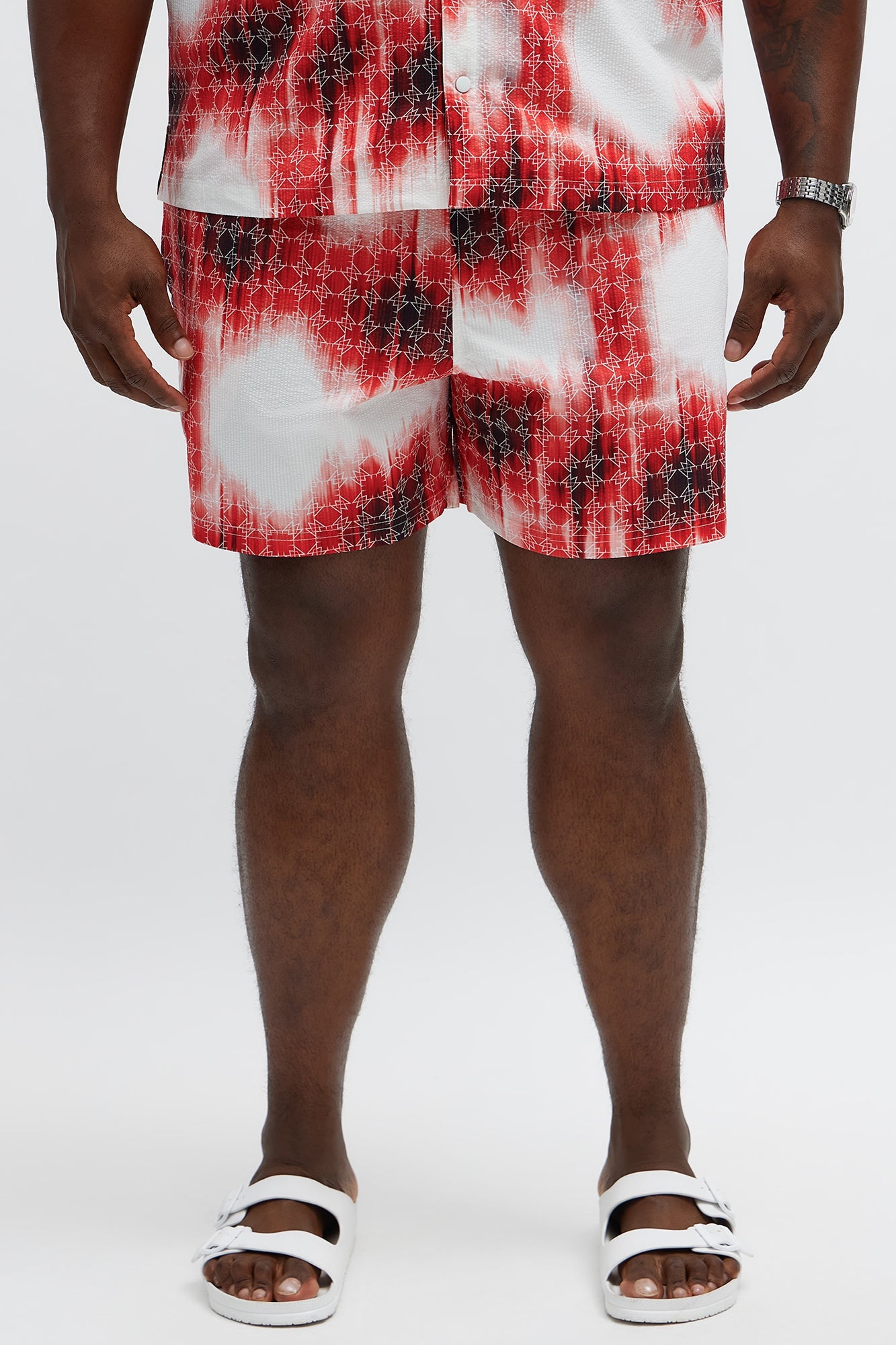 Seersucker Tie Dye Printed Swim Mid Trunk - Red/combo