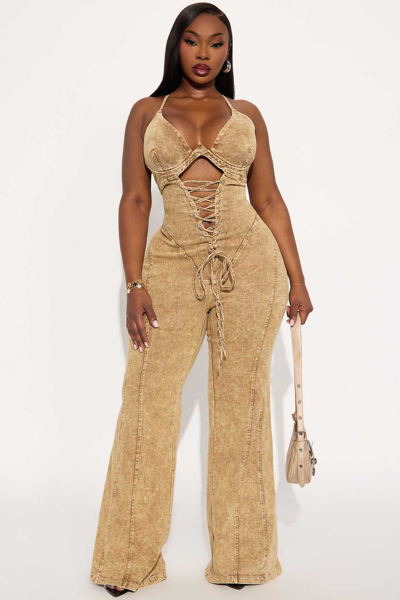 Level You Up Washed Denim Jumpsuit - Tan