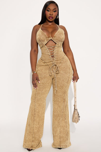 Level You Up Washed Denim Jumpsuit - Tan