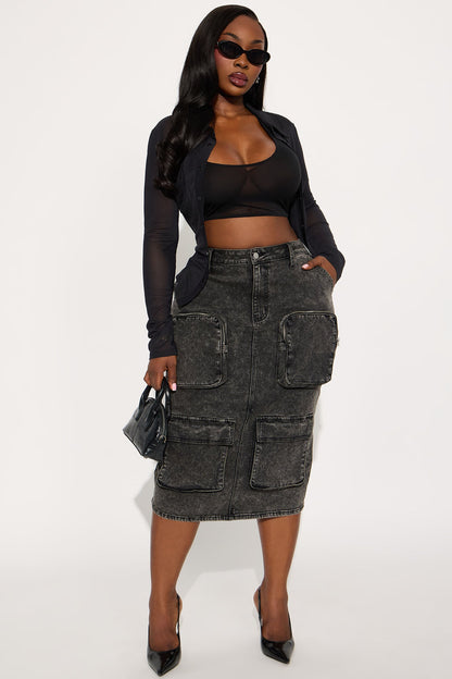Sakura Cargo Denim Midi Skirt - Black/combo