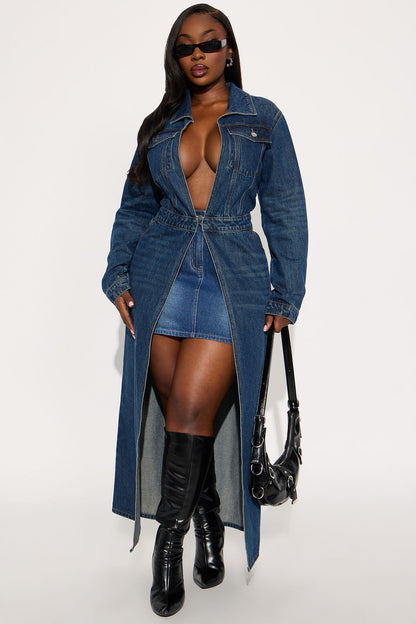 Making Moves Denim Trench Coat - Medium Wash
