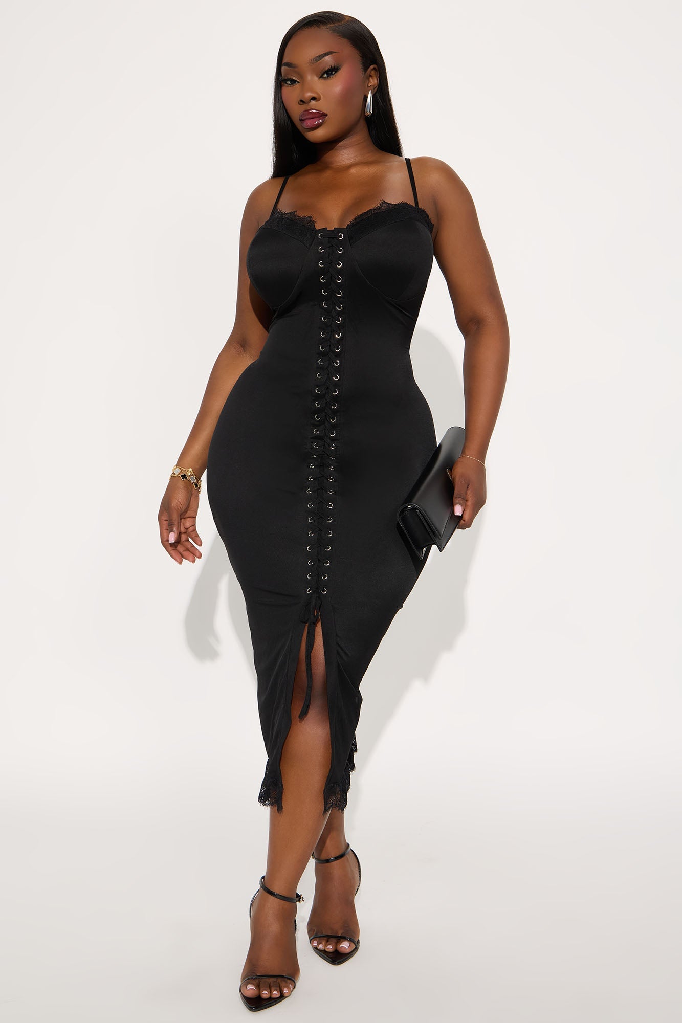 Timeless Beauty Solid Mesh Midi Dress - Black