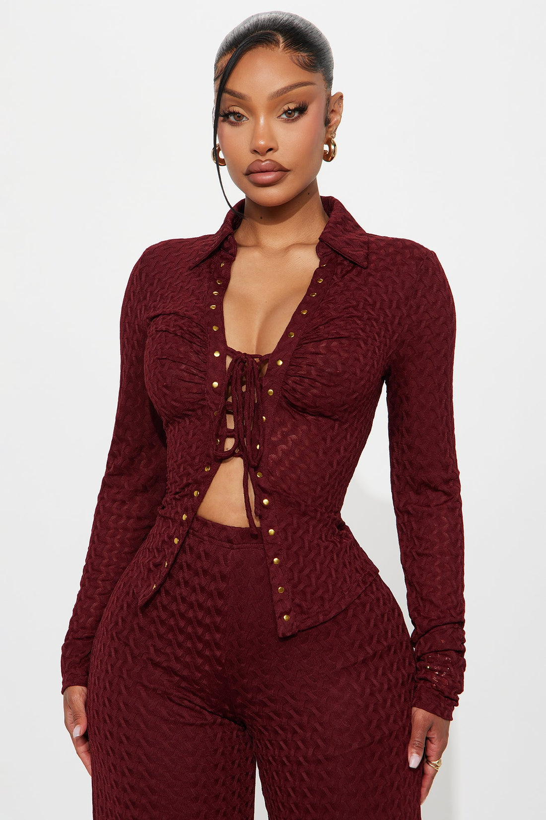 Taking It Back Textured Mesh Pant Set - Wine