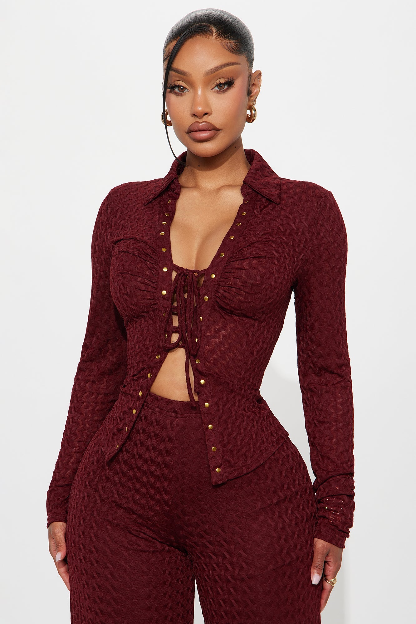 Taking It Back Textured Mesh Pant Set - Wine