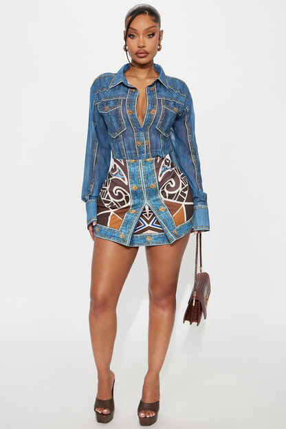 Dharva Denim Print Skirt Set - Blue/combo