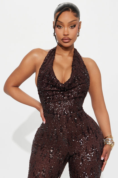 Astrid Backless Sequin Halter Jumpsuit - Chocolate