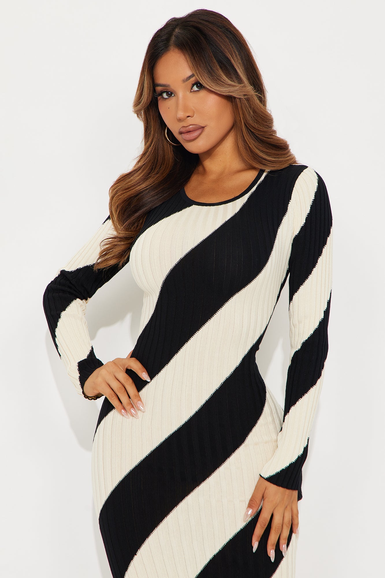 Kiana Striped Ribbed Midi Dress - Black/White