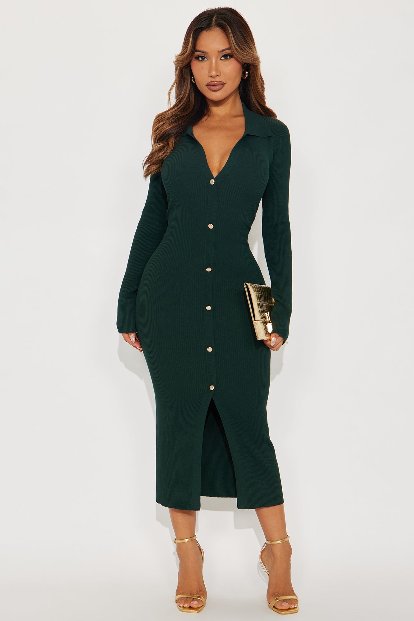 Jada Long Sleeve Ribbed Midi Dress - Hunter