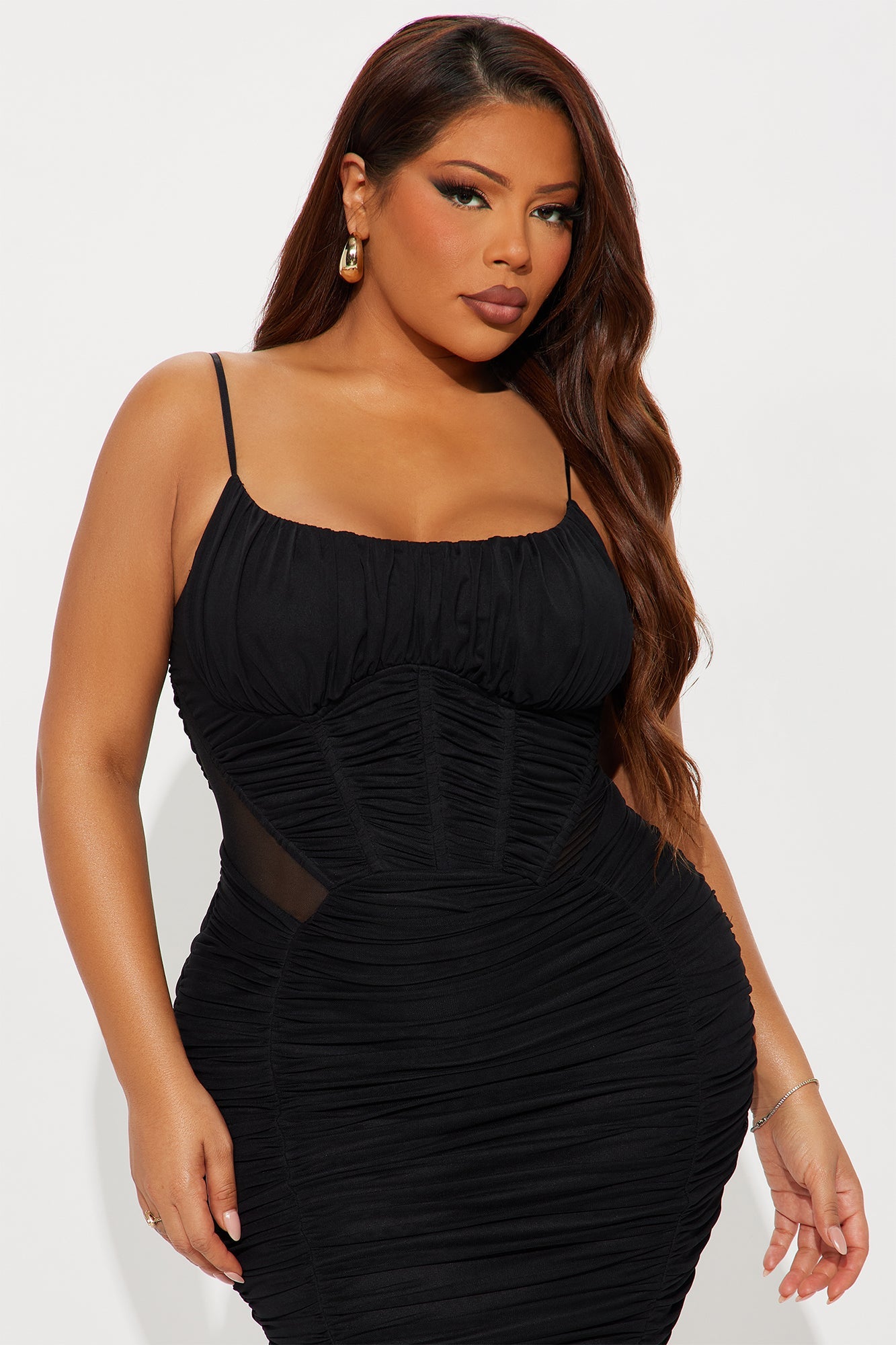 Raina Ruched Corset Mesh Midi Dress - Black