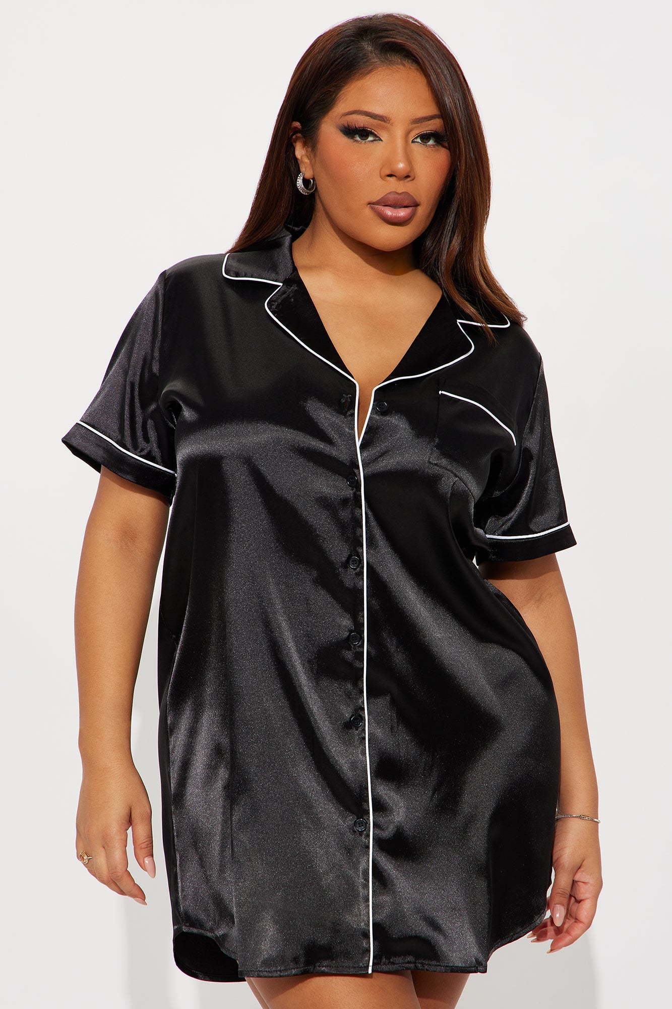 Bedtime Satin Short Sleeve PJ Sleep Shirt - Black