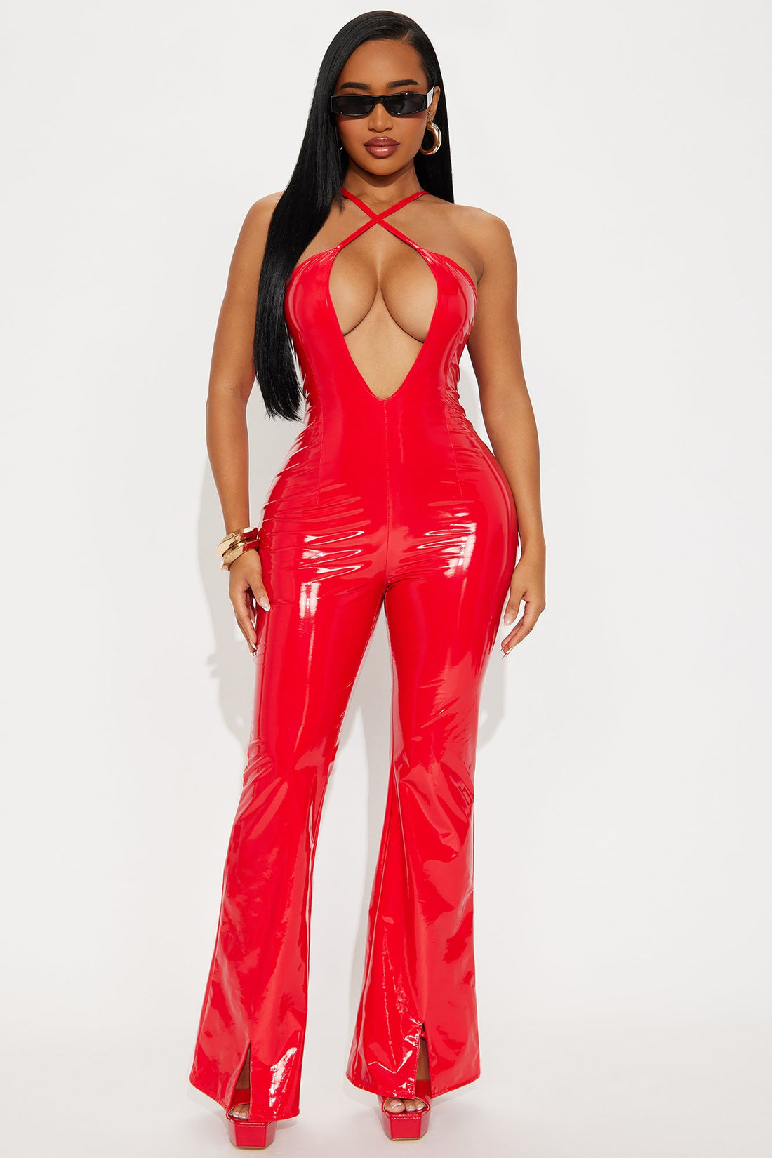 Estelle Faux Patent Leather Jumpsuit - Red