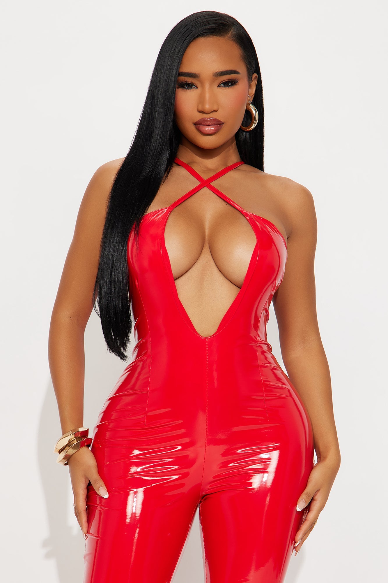 Estelle Faux Patent Leather Jumpsuit - Red