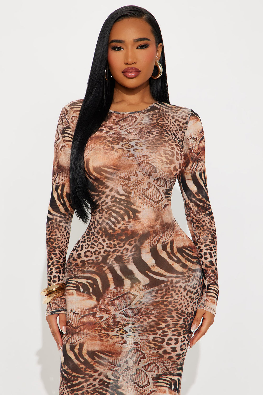 Safari Excursions Mesh Maxi Dress - Brown/combo
