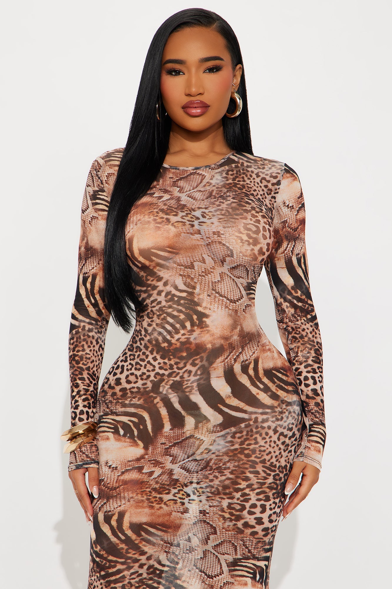 Safari Excursions Mesh Maxi Dress - Brown/combo