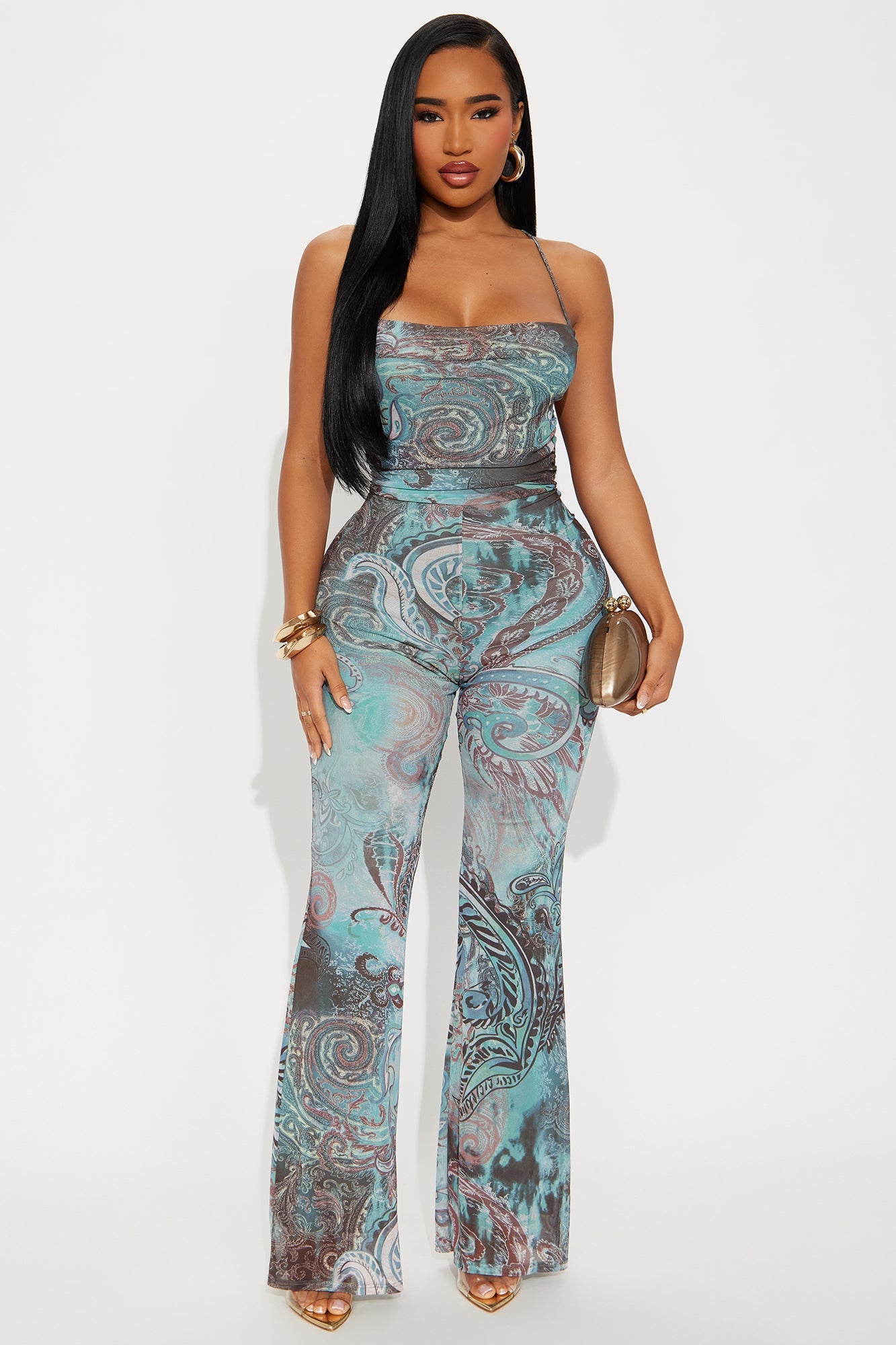 Sabrina Mesh Halter Jumpsuit - Aqua/Combo