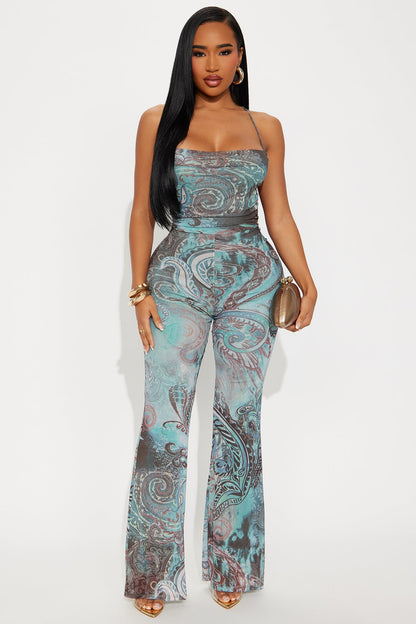 Sabrina Mesh Halter Jumpsuit - Aqua/Combo