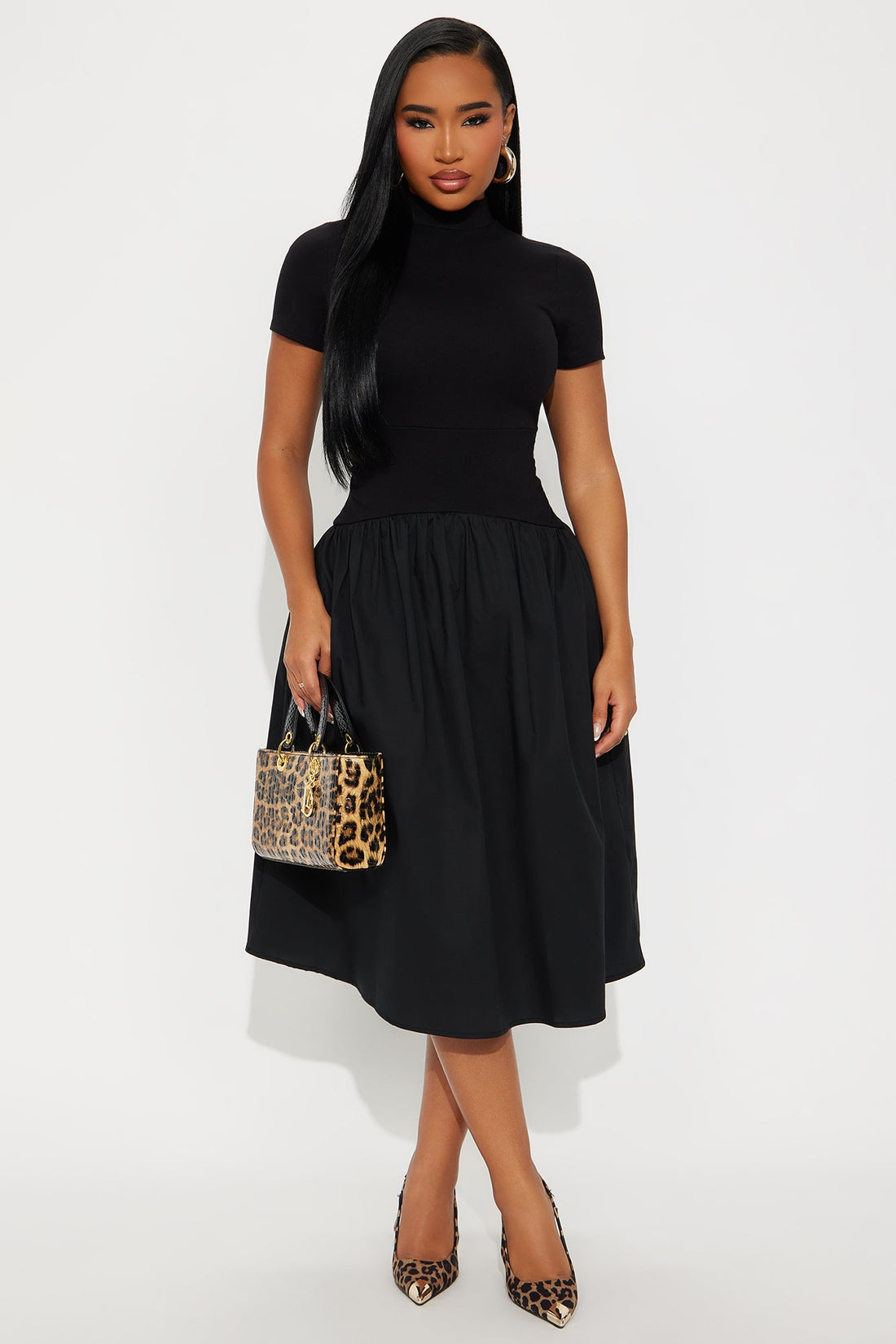 Kennedy Short Sleeve Drop Waist Midi Dress - Black