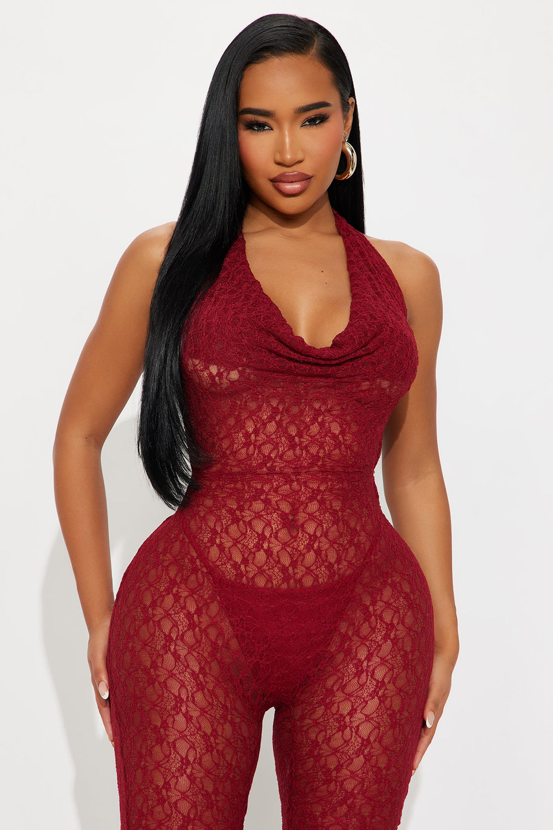 Crush On You Lace Halter Jumpsuit - Burgundy