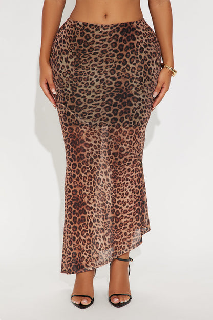 Eliza Asymmetrical Leopard Mesh Maxi Skirt - Leopard