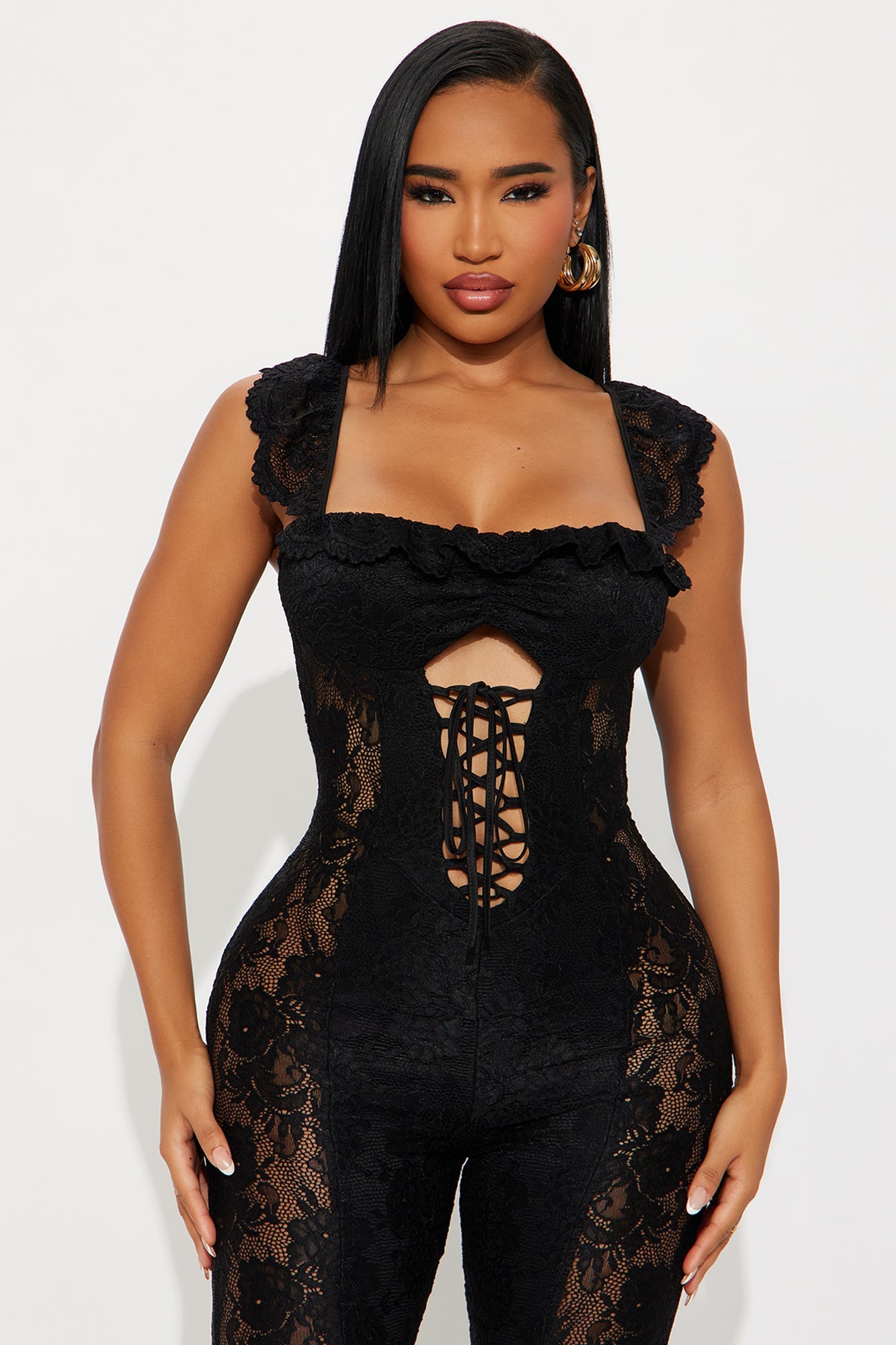 On My Time Lace Straight Leg Jumpsuit - Black