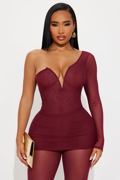 Sierra Mesh One Shoulder Pant Set - Wine
