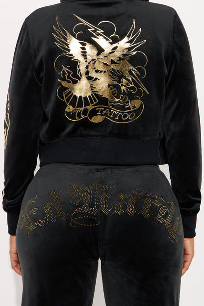 Ed Hardy Tattoo Gold Eagle Velour Pant Set - Black