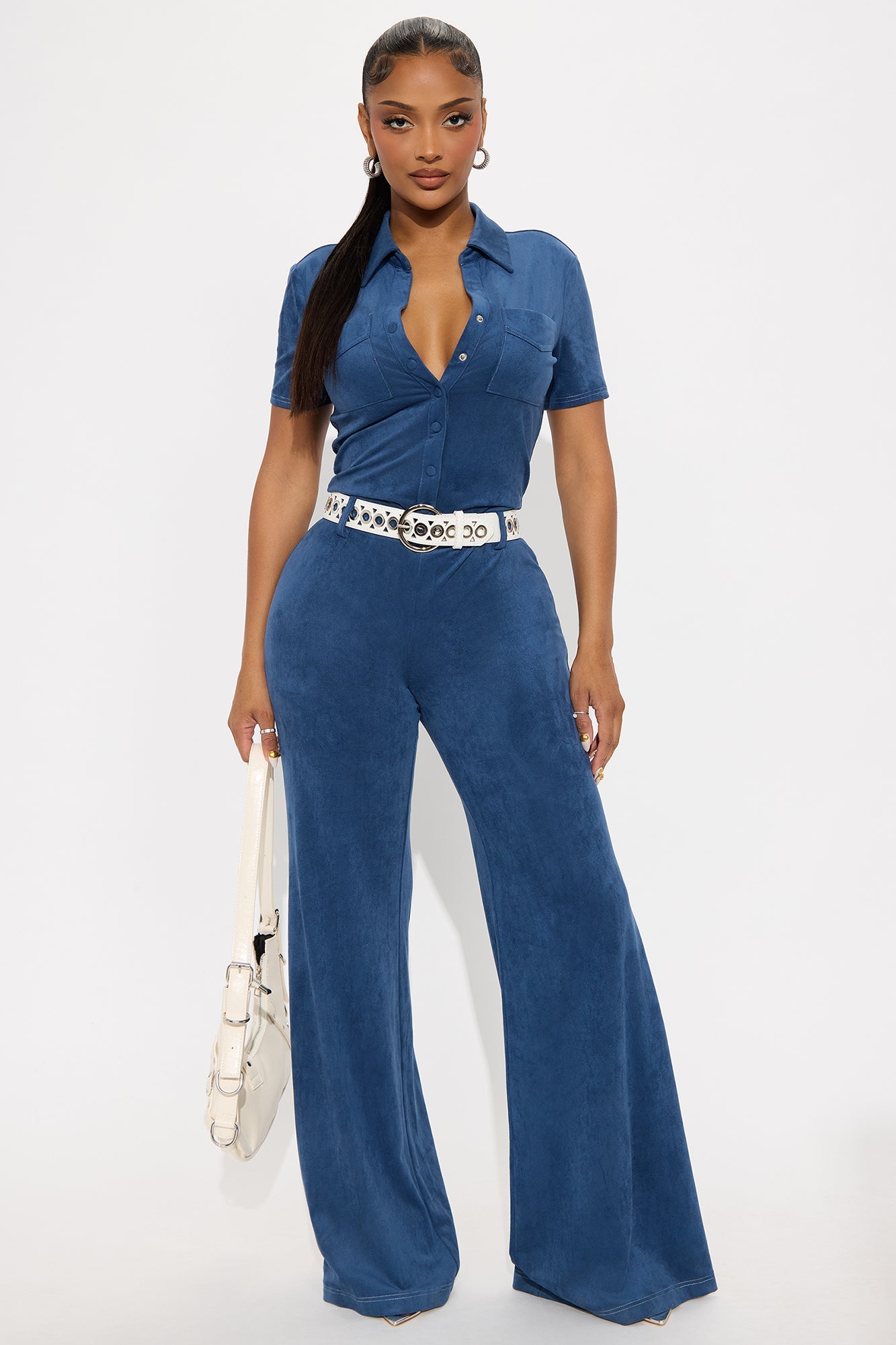 Glamour Girl Faux Suede Jumpsuit - Blue