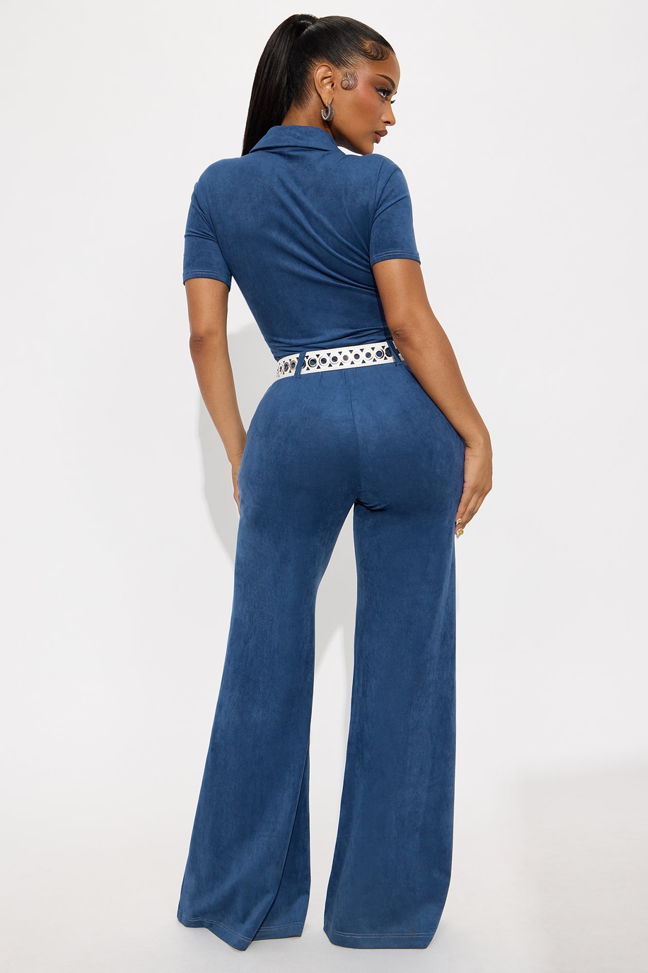 Glamour Girl Faux Suede Jumpsuit - Blue