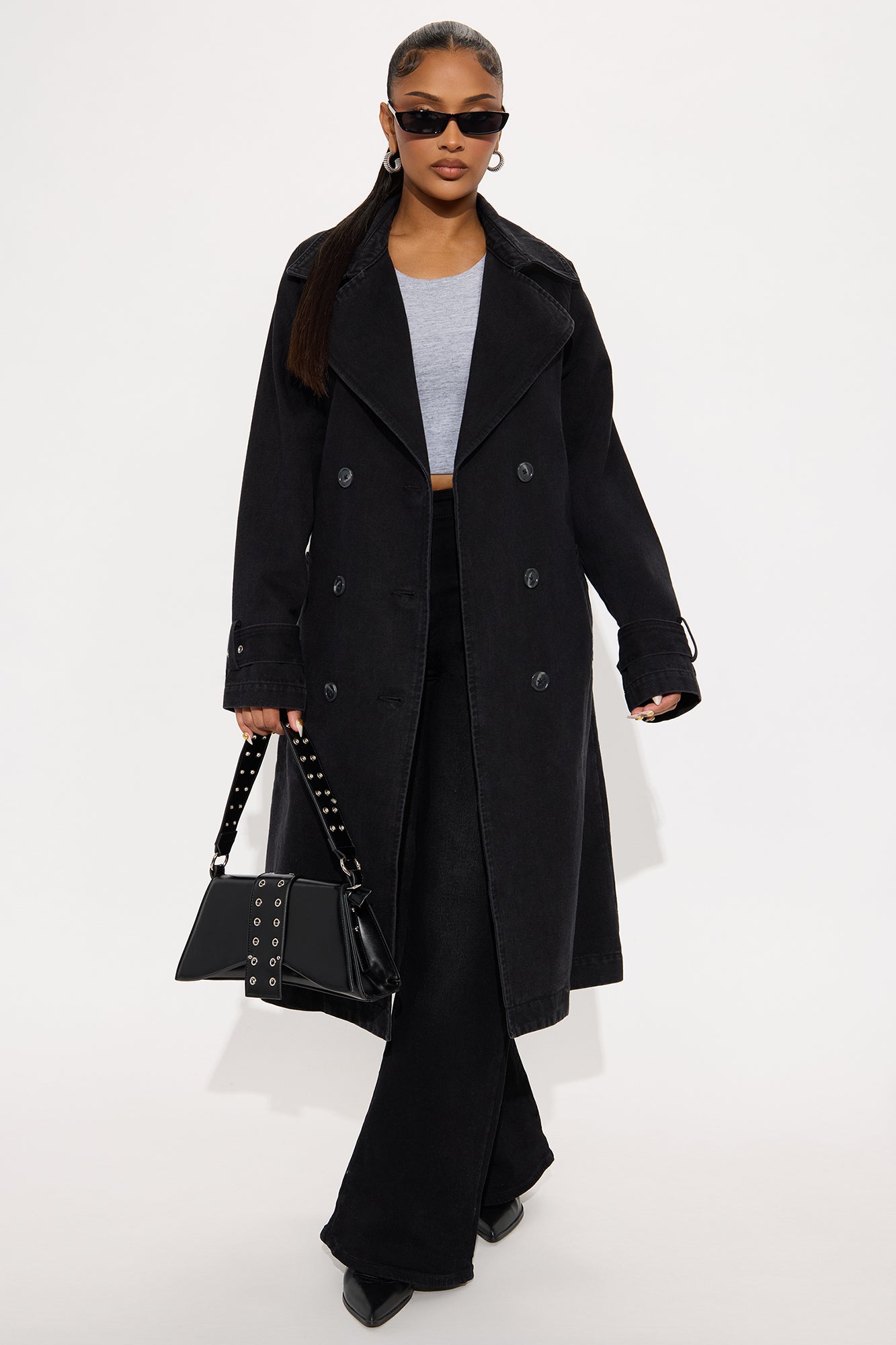 Denise Belted Denim Trench Coat - Black