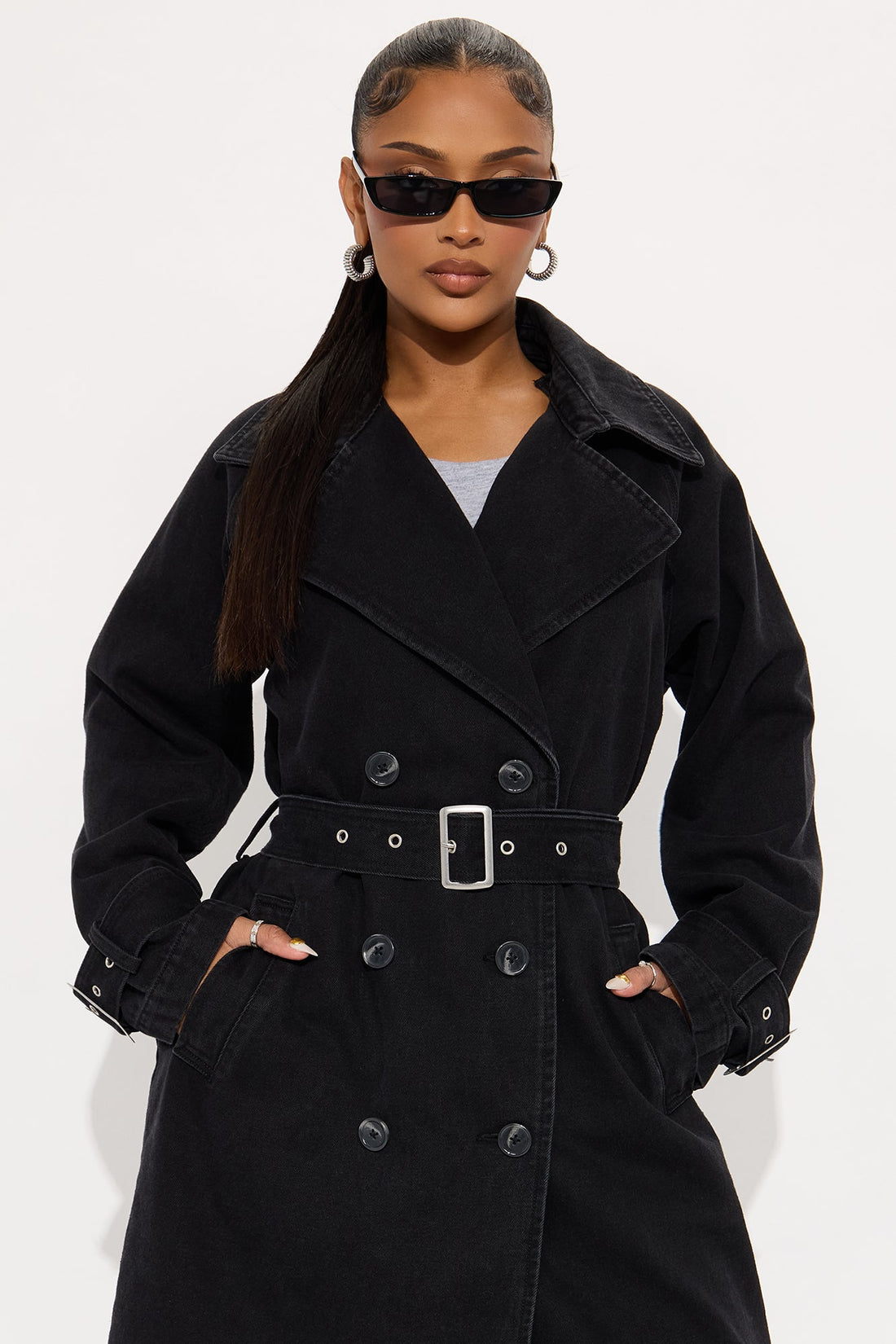 Denise Belted Denim Trench Coat - Black