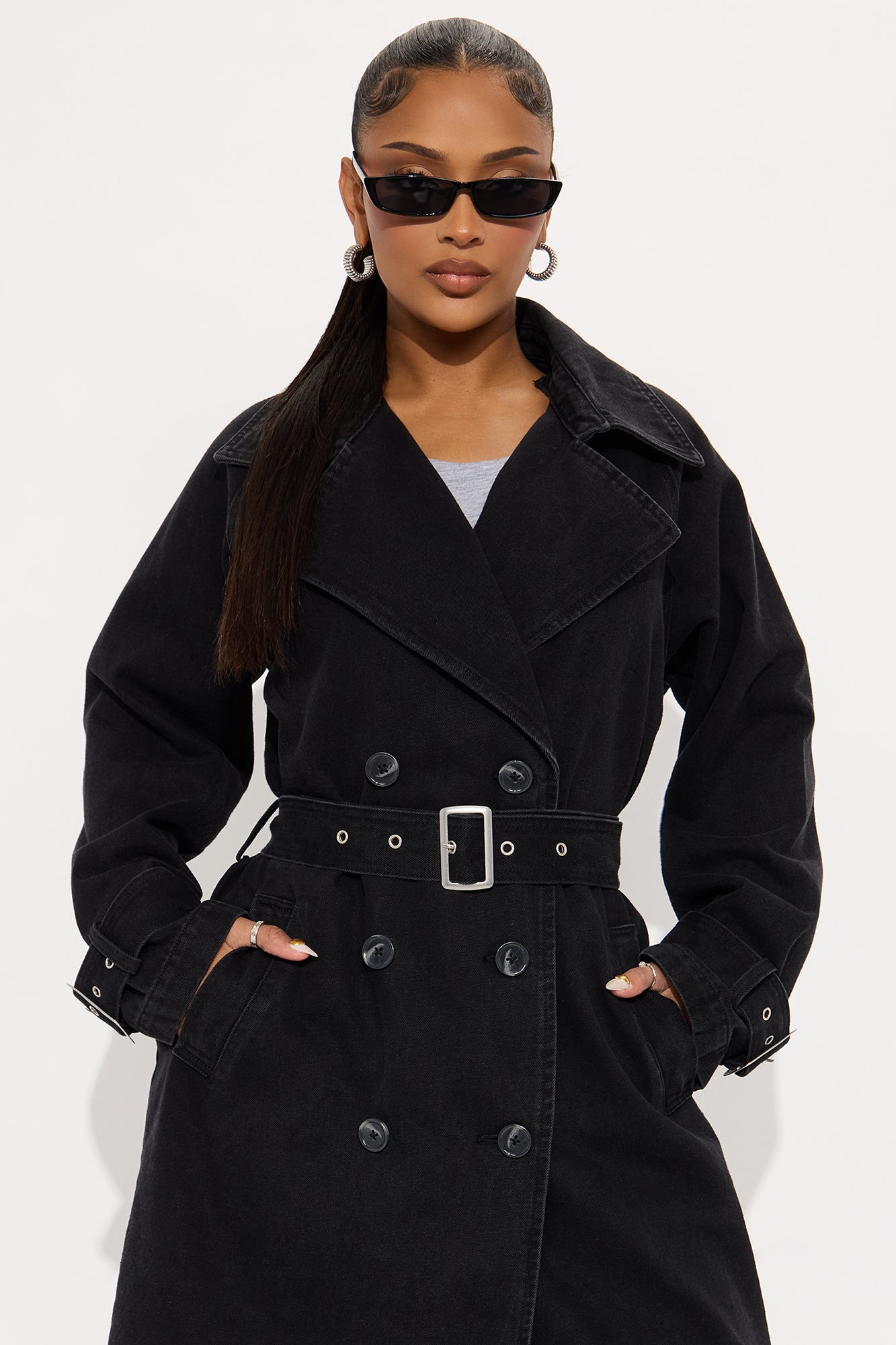 Denise Belted Denim Trench Coat - Black