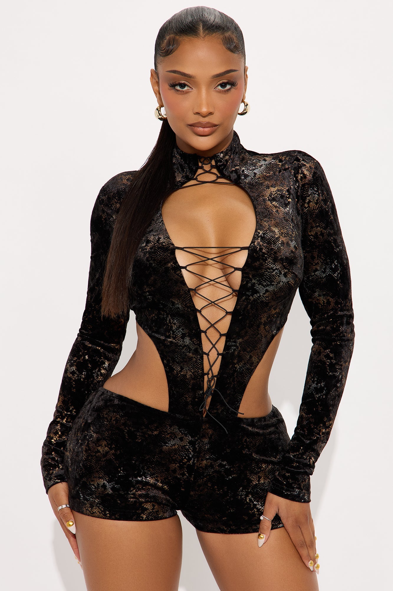 Keep Me Close Velvet Long Sleeve Romper - Black/combo