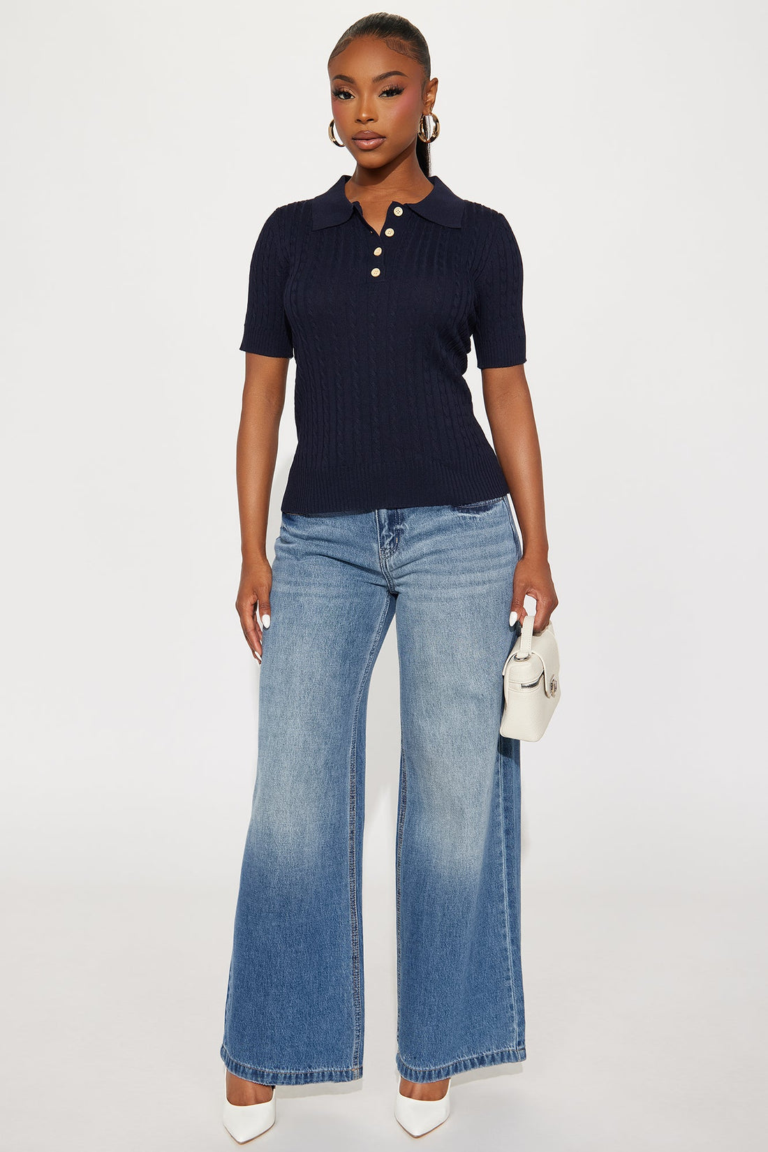 Countryside Short Sleeve Polo Sweater Top - Navy