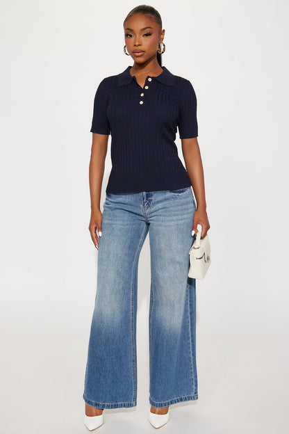 Countryside Short Sleeve Polo Sweater Top - Navy