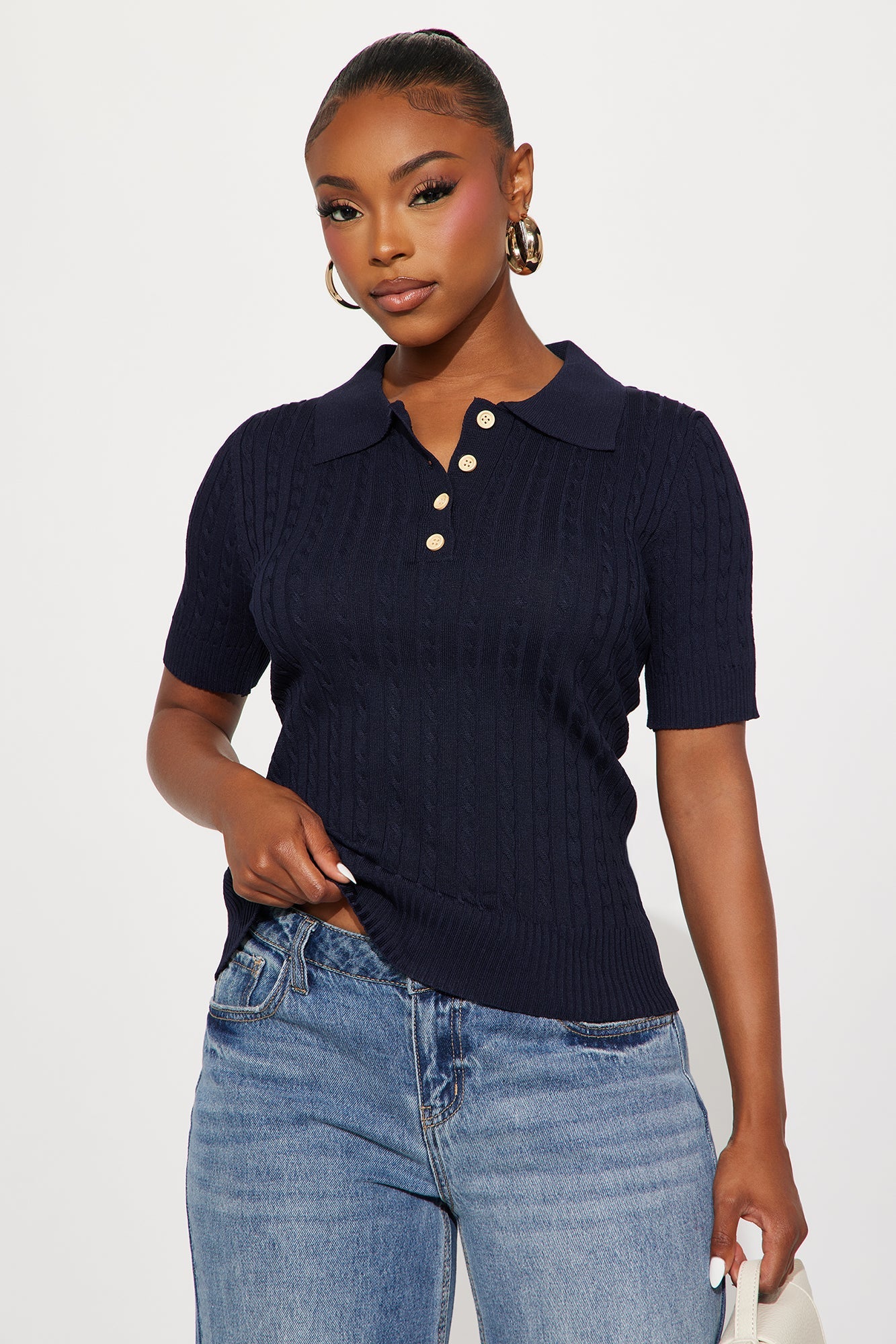 Countryside Short Sleeve Polo Sweater Top - Navy