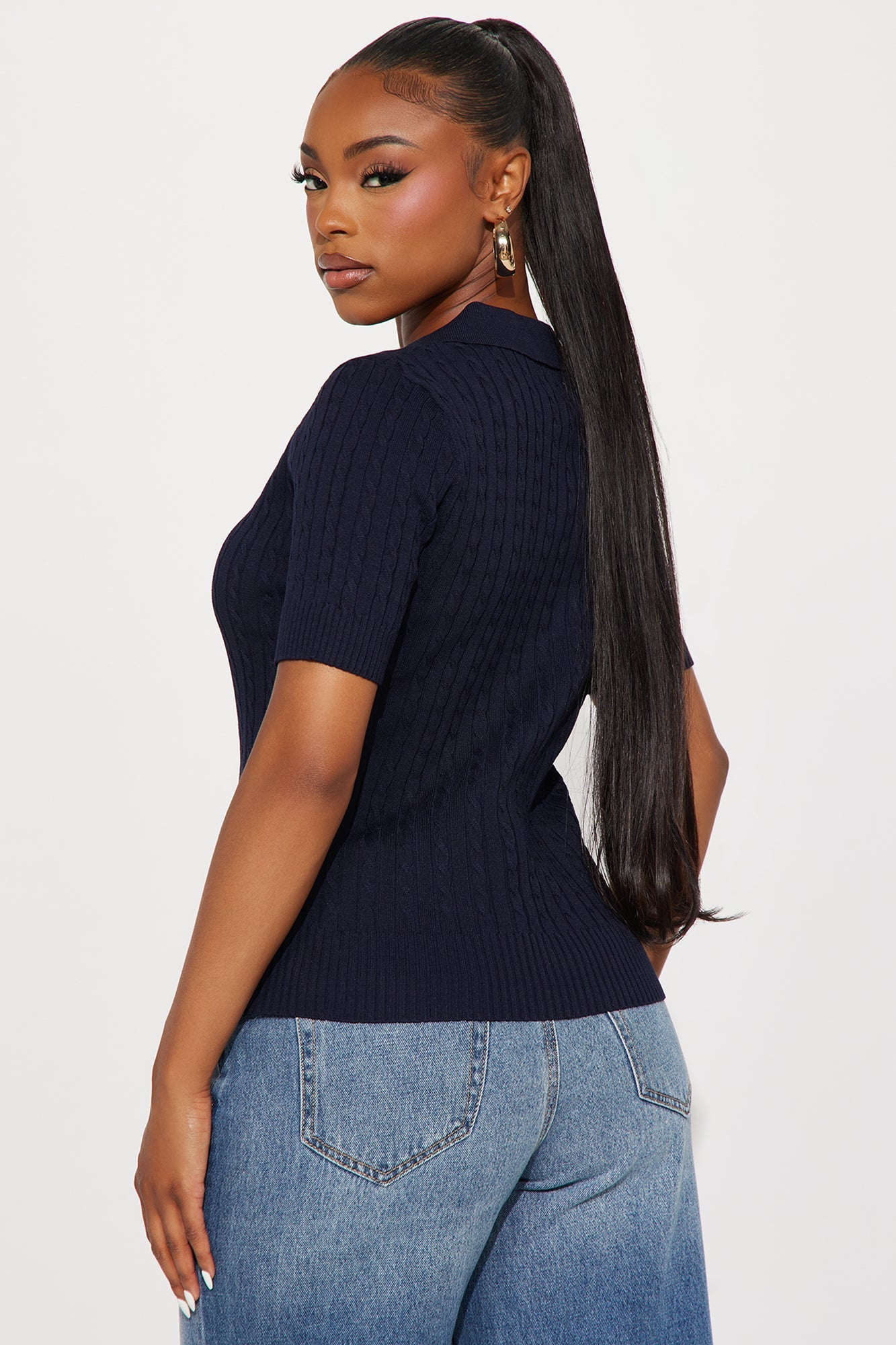 Countryside Short Sleeve Polo Sweater Top - Navy