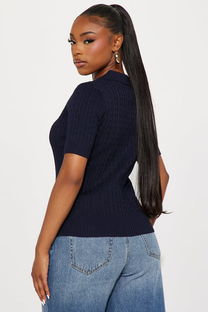Countryside Short Sleeve Polo Sweater Top - Navy