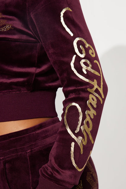 Ed Hardy Gold Tiger Velour Pant Set - Burgundy