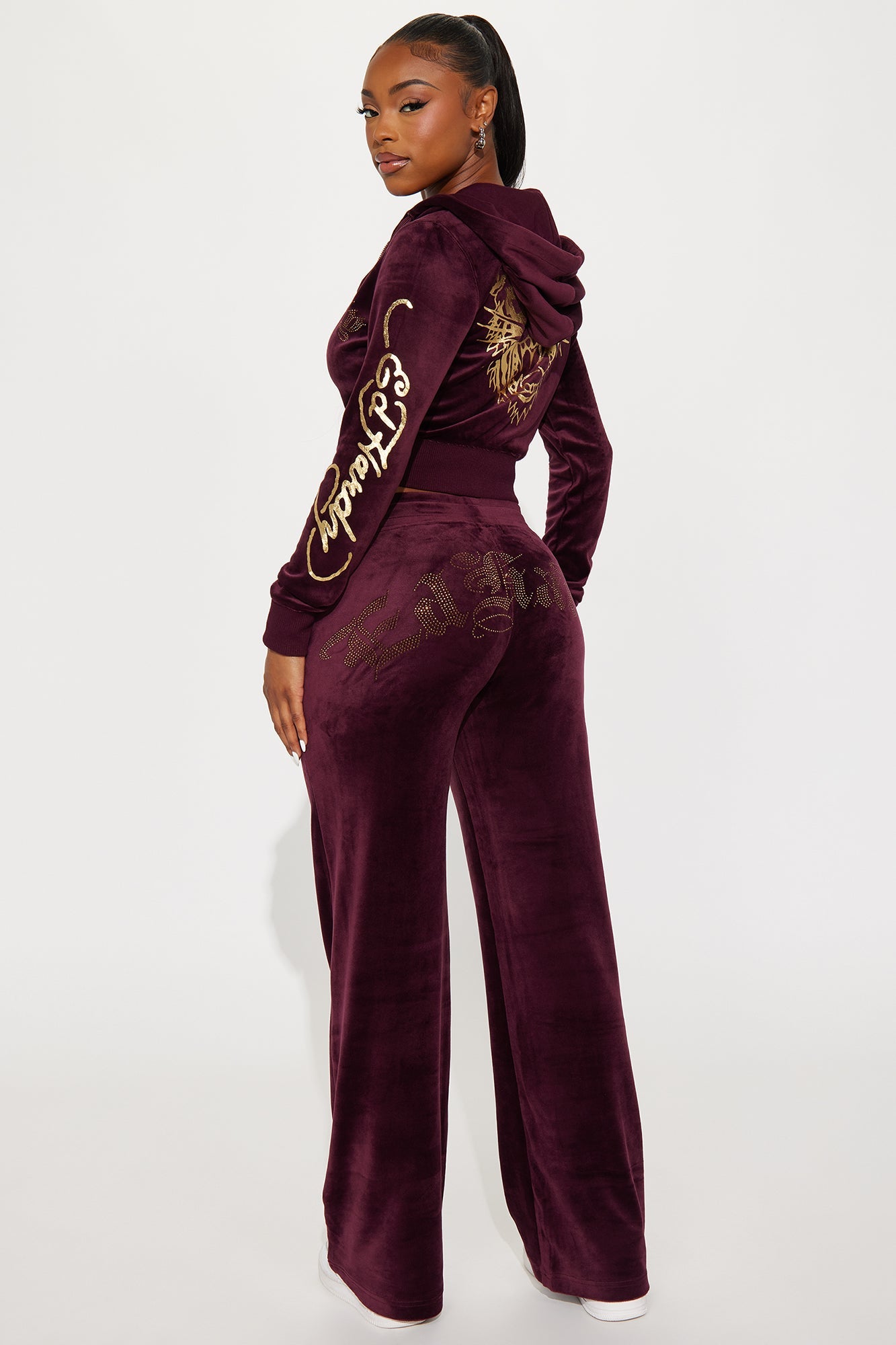Ed Hardy Gold Tiger Velour Pant Set - Burgundy