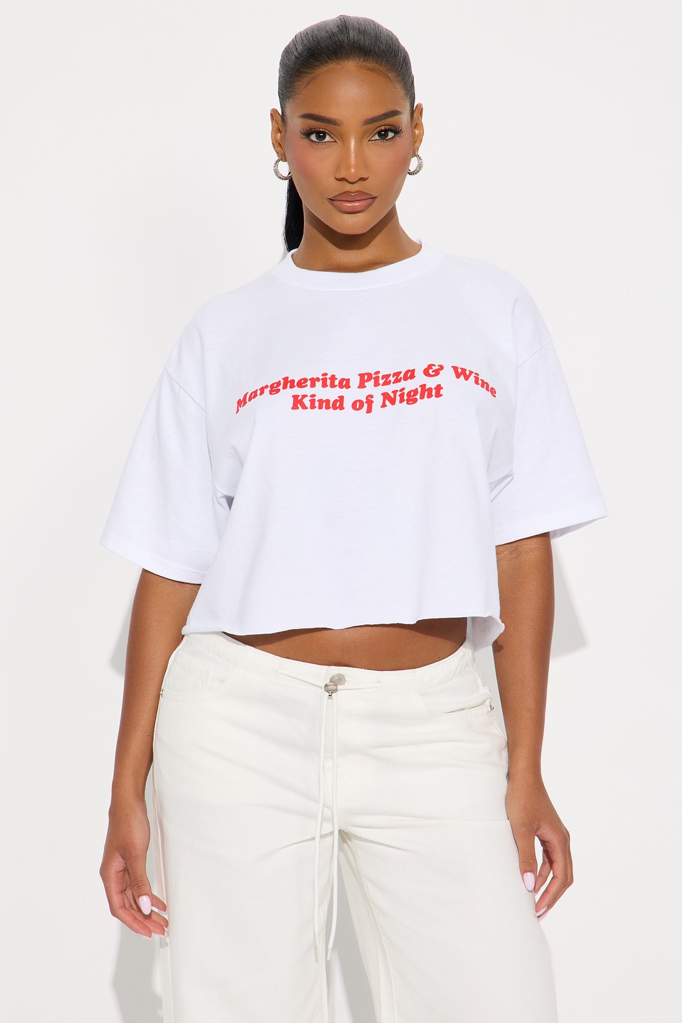 Pizza And Wine Night Cropped Tee - White