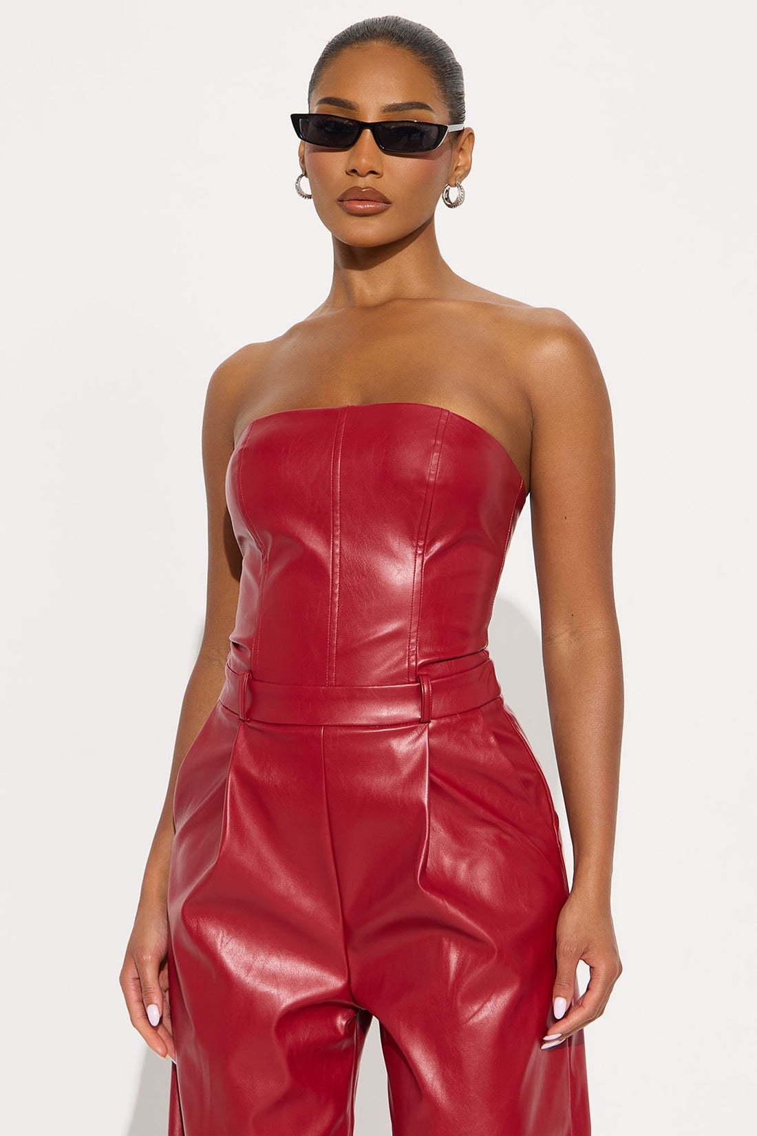 To The Max Faux Leather Corset Jumpsuit - Red