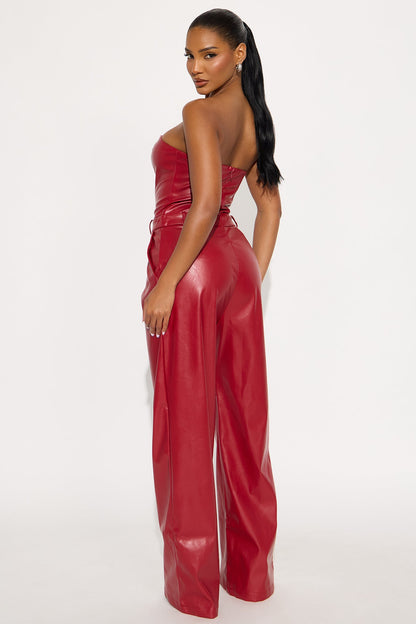 To The Max Faux Leather Corset Jumpsuit - Red