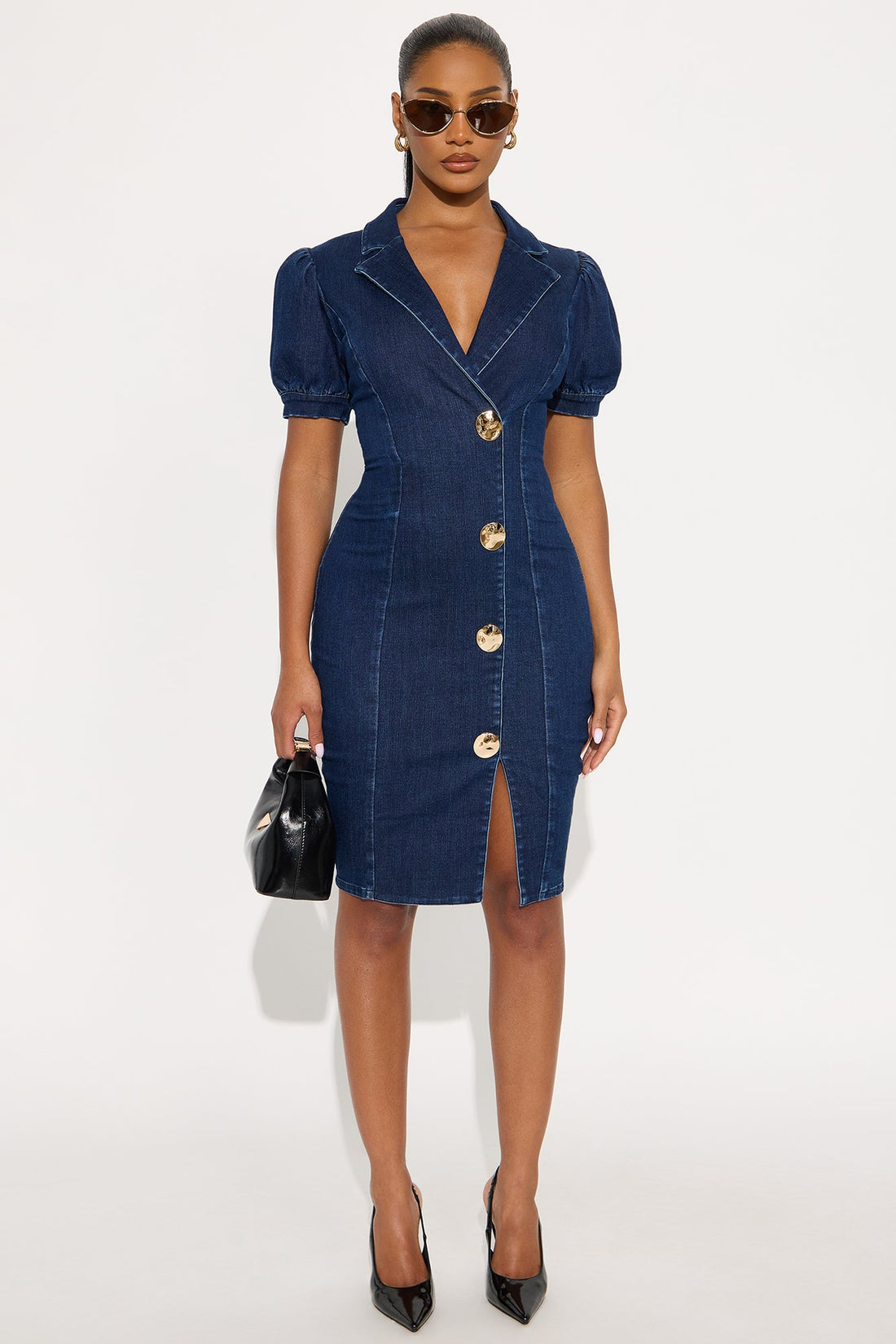 Mackenzie Collar Denim Midi Dress - Dark Denim