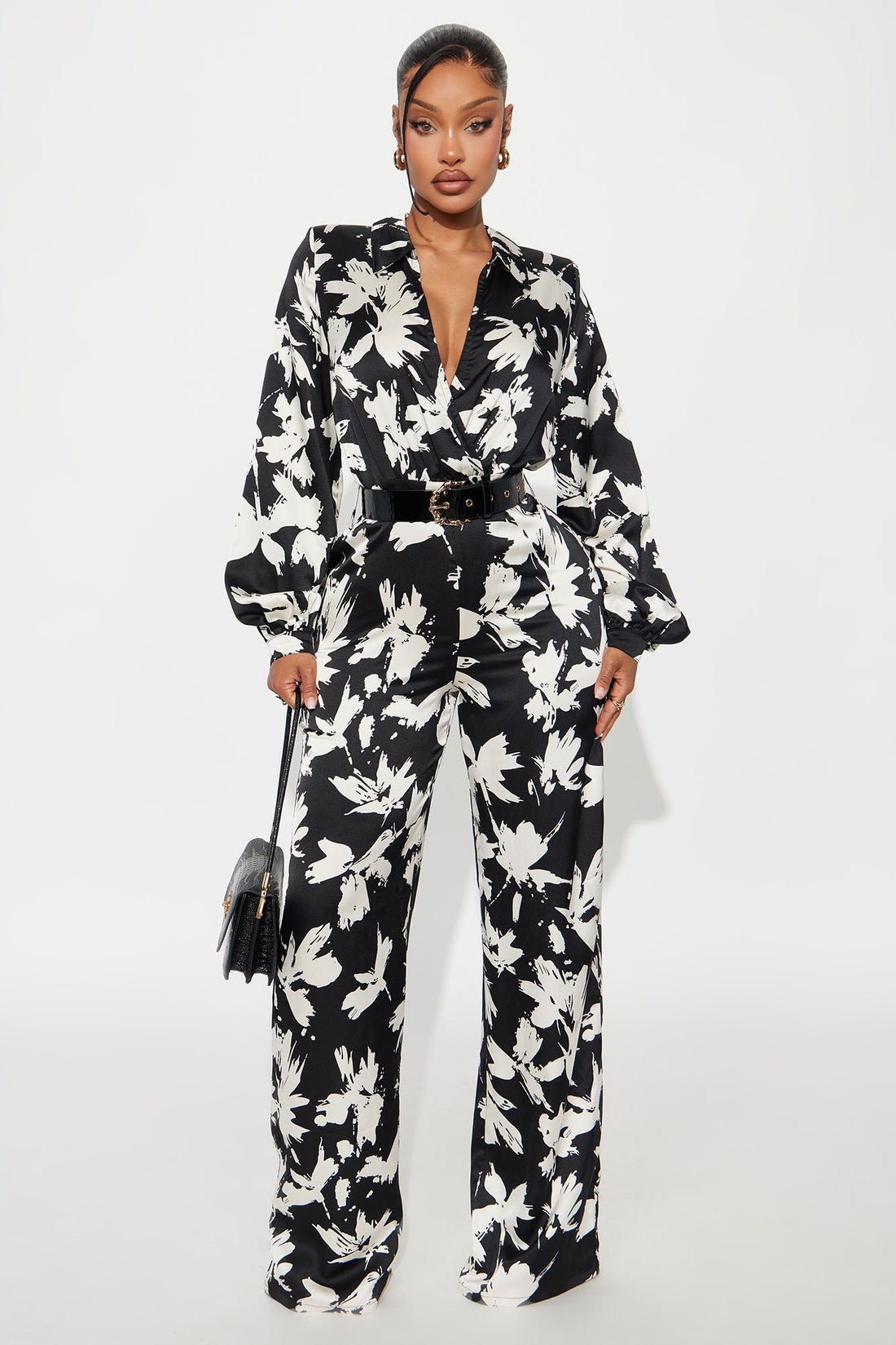 Nohely Satin Belted Jumpsuit - Black/White