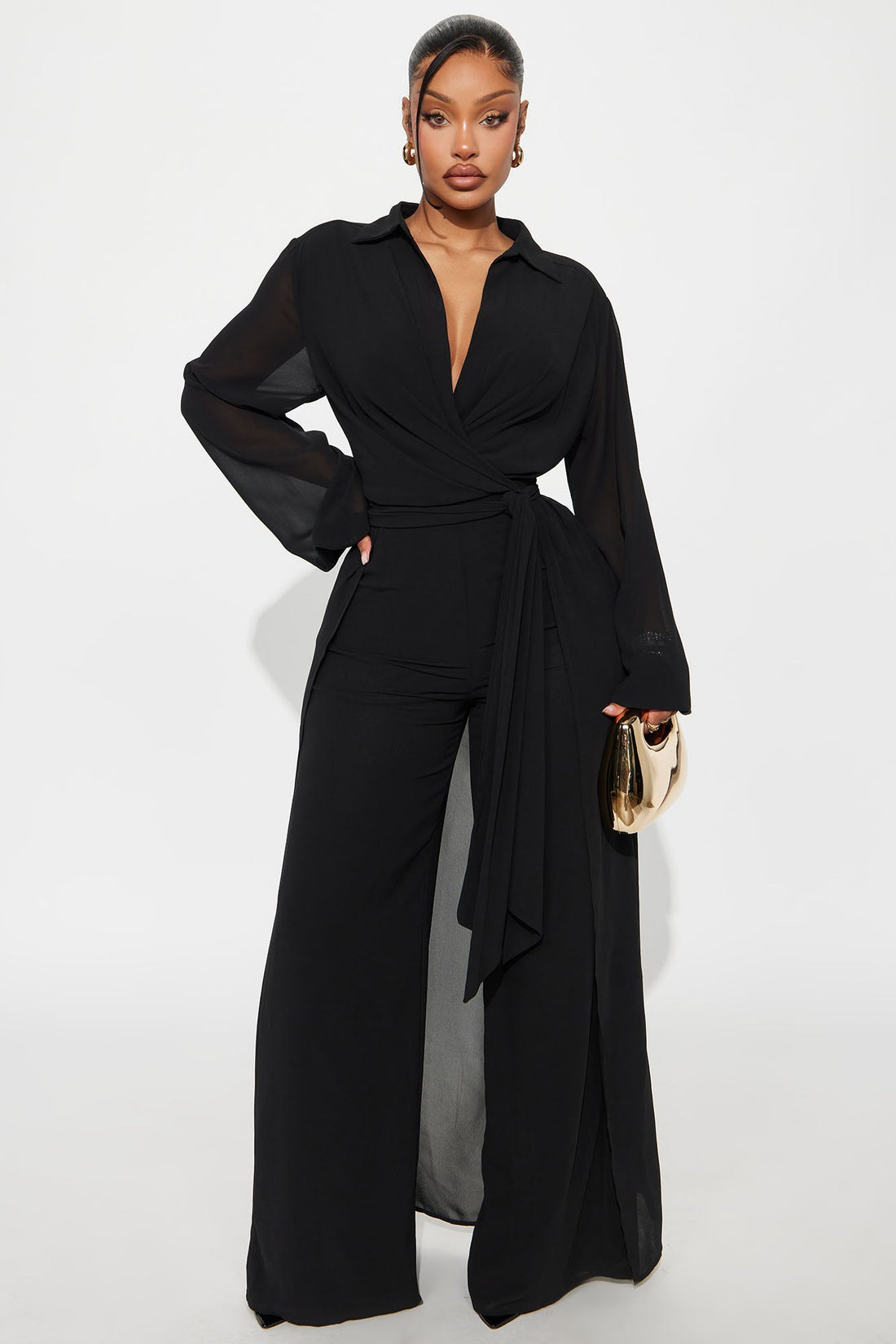 Alondra Chiffon Long Sleeve Jumpsuit - Black