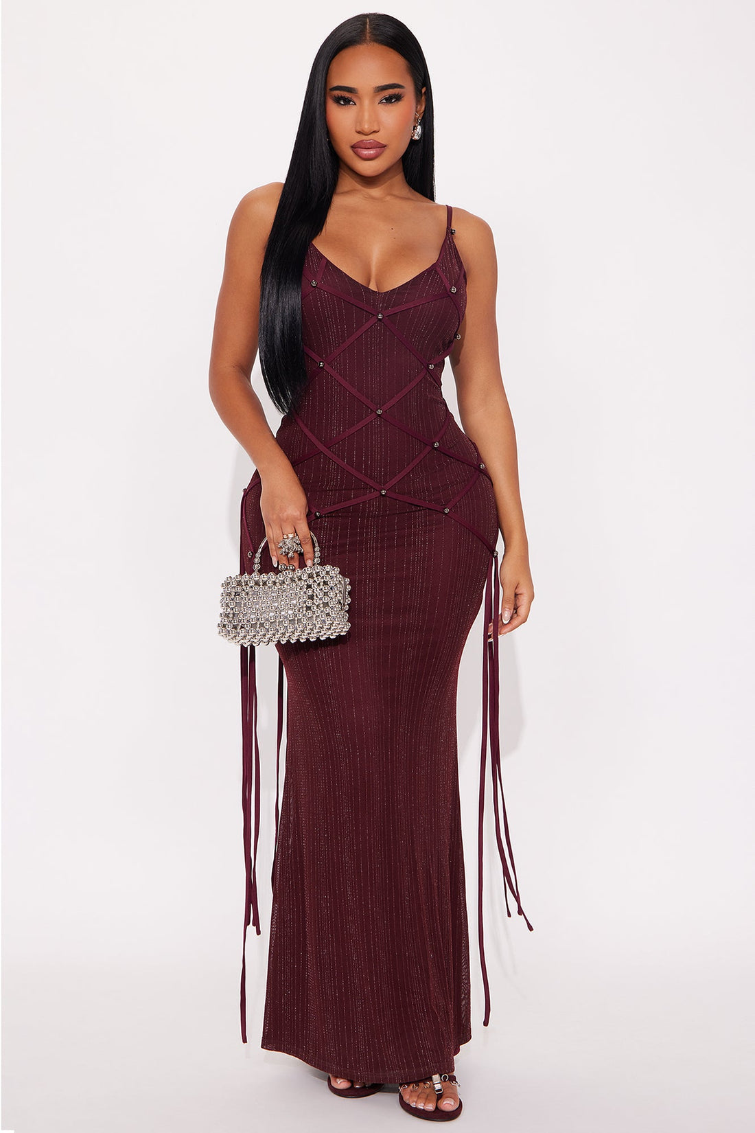 Brianne Glitter Mesh Stappy Maxi Dress - Burgundy