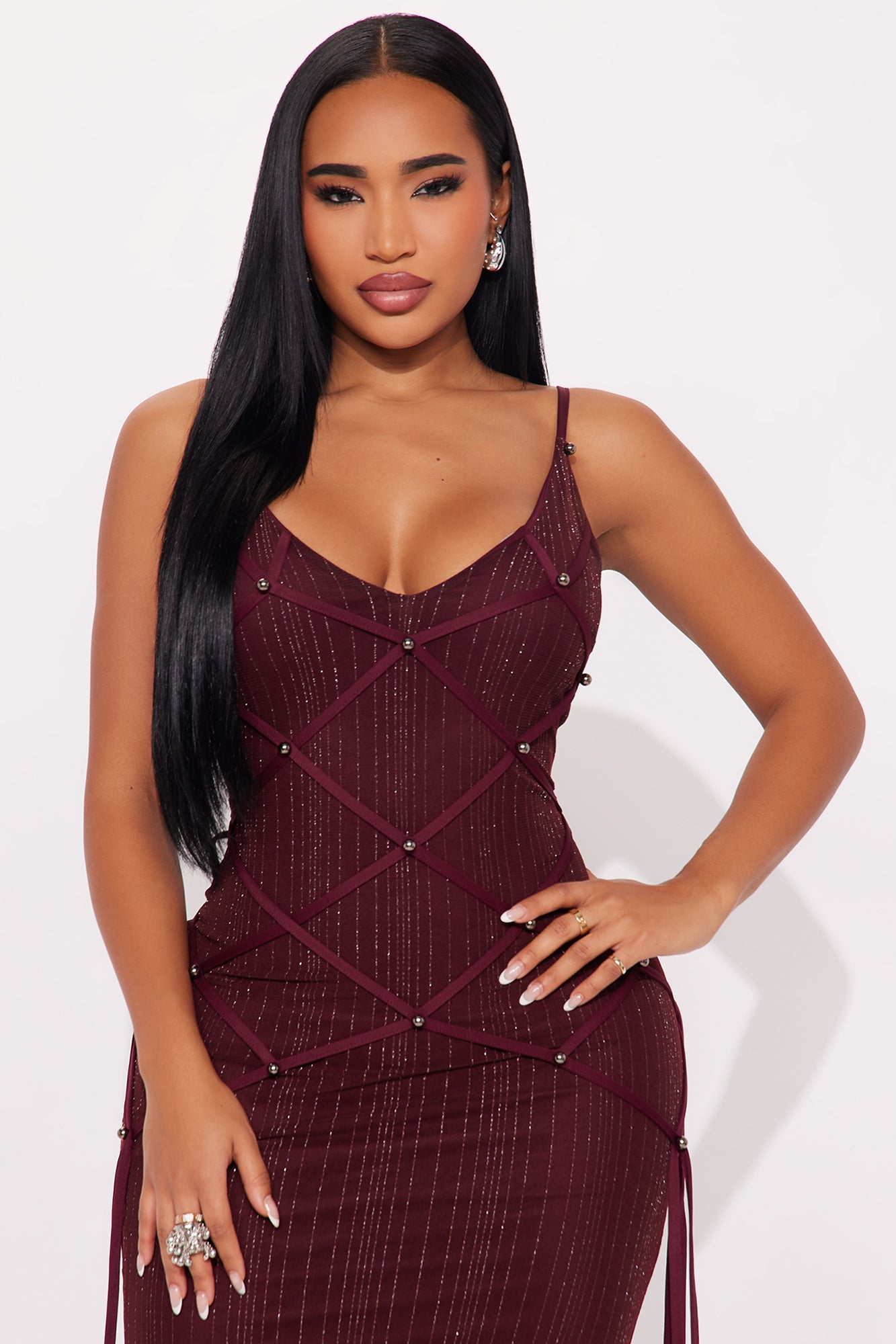 Brianne Glitter Mesh Stappy Maxi Dress - Burgundy